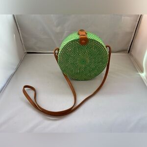 Straw Studios Green Round Crossbody Bag with Brown Strap